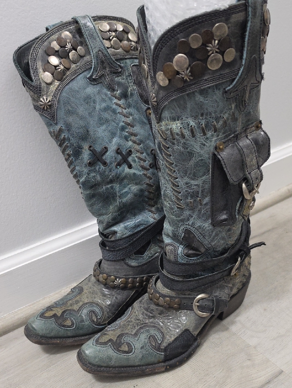Double D Ranch Distressed Teal Studded Riding Boots 7.5